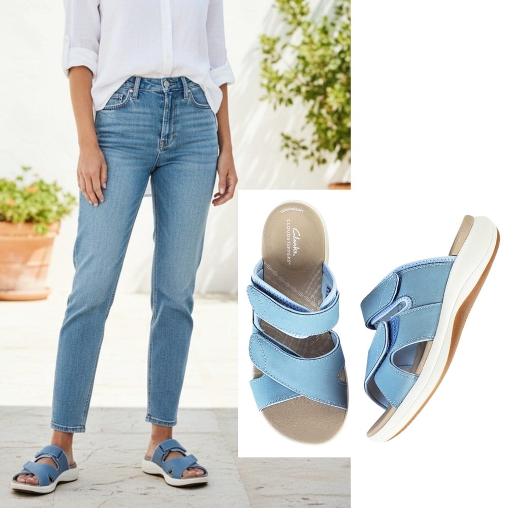 New Clarks Mira Ease strappy sandals blue denim outdoor bohemian grandma summer